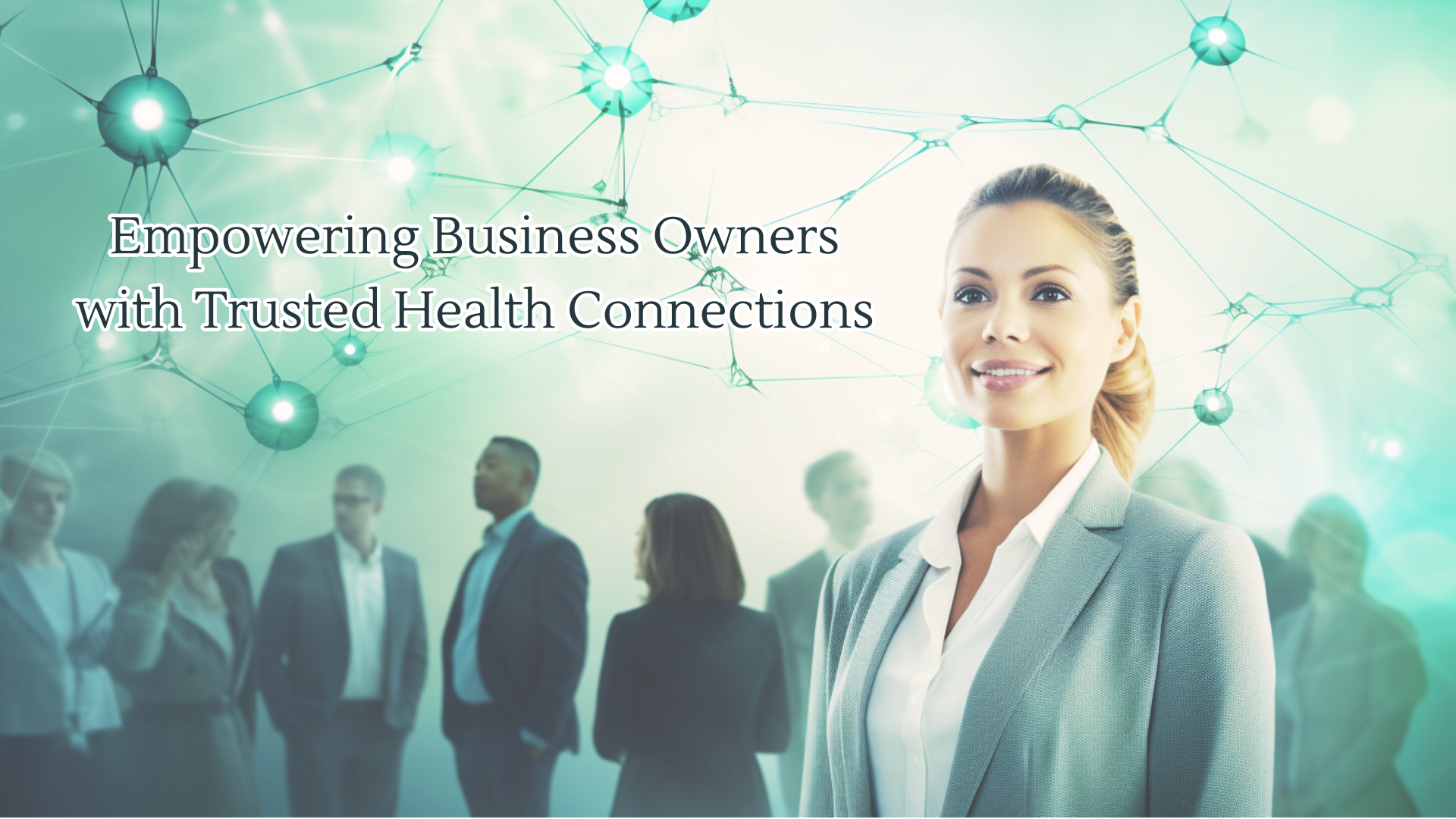 An image of a professional woman smiling looking up with people in the background and some nodes connected to each other with a text saying Empowering Business Owners with Trusted Health Connections